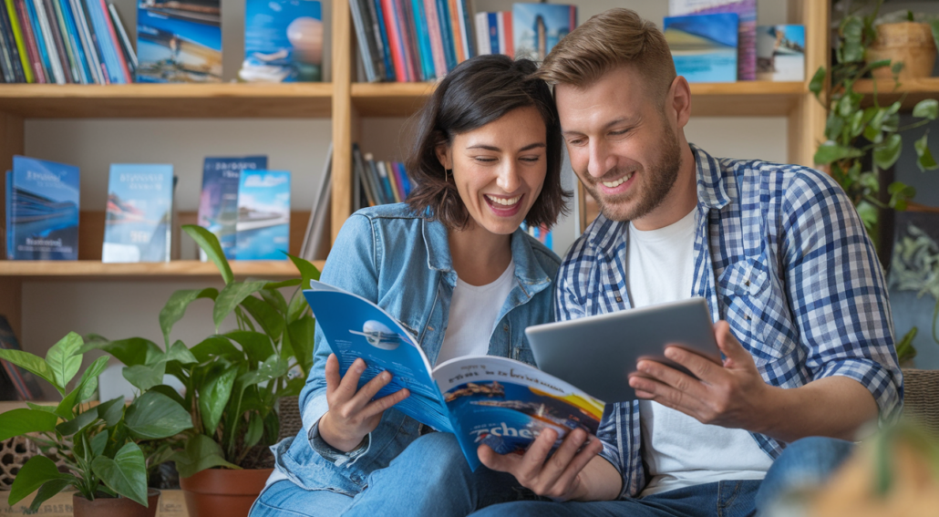 A man and woman are sitting on a sofa, smiling while looking at a tablet and a travel brochure for their first cruise. Shelves with books and brochures are in the background, along with potted plants. They appear to be eagerly planning their vacation.