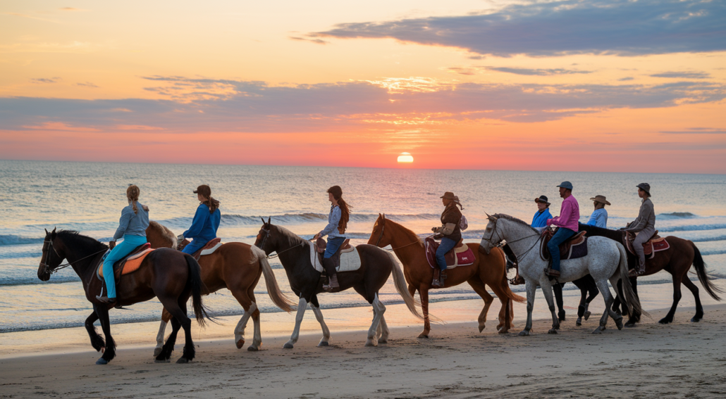 A group of nine people ride horses along a sandy beach at sunset, much like embarking on their first cruise into the horizon. The ocean waves gently lap against the shore, and the sky is painted with shades of orange, pink, and blue as the sun dips partially visible beyond.