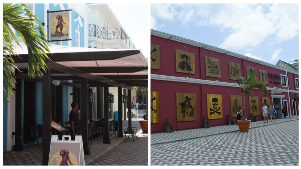 Left: Exterior of a building with a sign that reads "Smuggler's" and an outdoor seating area. Right: A red building with yellow pirate-themed paintings and a checker patterned walkway, hinting at the adventurous spirit of Nassau Rum and Food Tour.