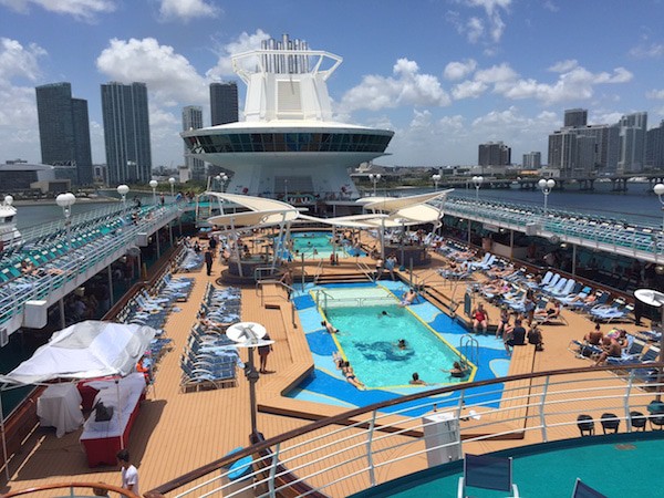 Look aft on the upper deck of the ship. 