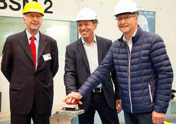 (Left to right) Bernard Meyer, Managing Director of Meyer Werft, Andy Stuart, President of Norwegian Cruise Line; and Christer Karlsson, Senior Vice President of New Build for Norwegian Cruise Line; Pressed the Button to cut the first plate of steel for the line’s next ship