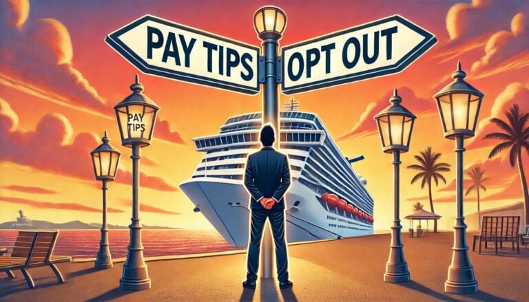 A man in a suit stands facing a majestic cruise ship docked at sunset. At a crossroads, he eyes signs reading "Pay Tips" and "Opt Out." Street lamps, palm trees, and a bench line the pathway toward the cruise, with another sign echoing "Pay Tips.