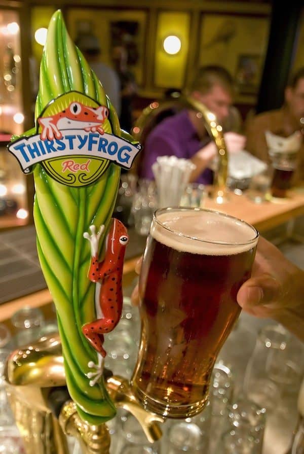 A glass of ThirstyFrog Red, Carnival Cruise Line's new private-label draught beer brewed especially for the new Carnival Magic, is served in the ship's Red Frog Pub. Photo by Andy Newman/Carnival Cruise Lines