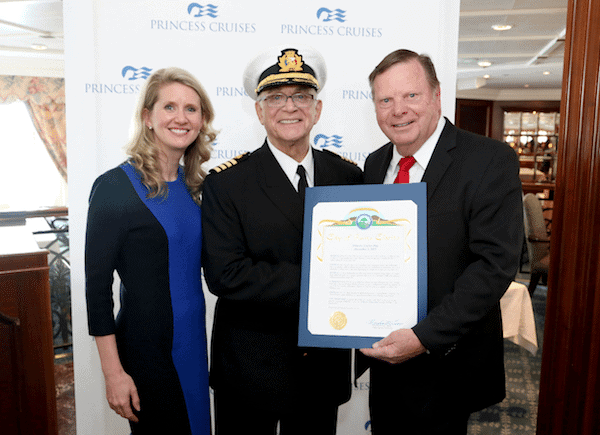 Princess Cruises President Jan Swartz, left, and everyone's favorite captain, Gavin MacLeod, accept a proclamation from the City of Santa Clarita Mayor Pro Tem Bob Kellar, right, declaring December 3, 2015 