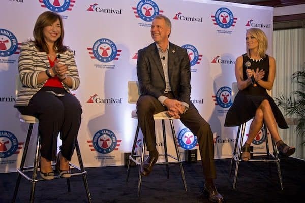 Christine Duffy, president of Carnival Cruise Line; Brig. Gen. John Pray, president and CEO of Operation Homefront, and country music artist Carrie Underwood finish up a news conference Thursday, Jan. 28, 2016, in Jacksonville, Fla., to announce a new initiative to support U.S. military families. The effort between the three entities is to raise funds through a series of projects during Underwood's concert tour and aboard Carnival's ships as well as the company's website. FOR EDITORIAL USE ONLY (Andy Newman/Carnival Cruise Line/HO)