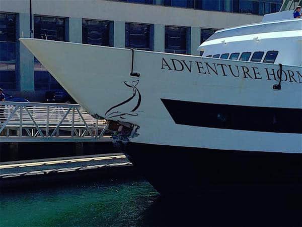 The ship after it was pulled away from the pier in San Diego. 