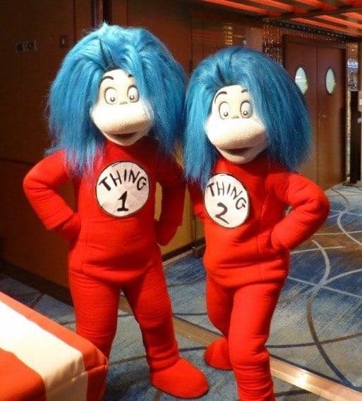 Dr. Seuss characters Thing 1 and Thing 2 entertain at the Green Eggs and Ham Breakfast with The Cat in the Hat