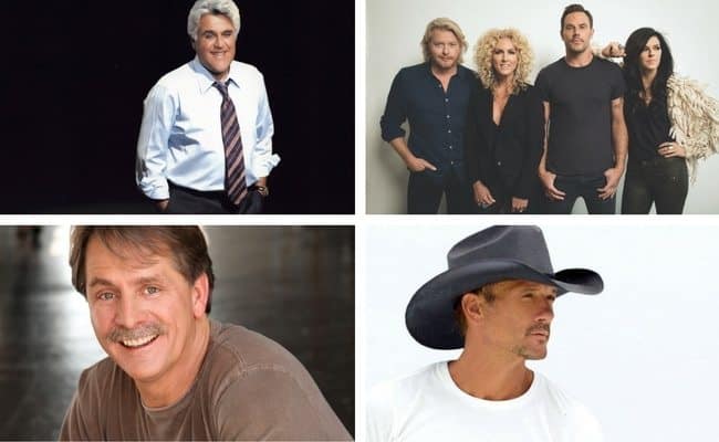 clockwise from top left: Jay Leno, Little Big Town, Tim McGraw, Jeff Foxworthy