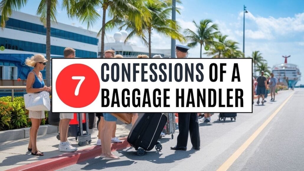 A group of people with luggage stand near a bustling cruise terminal. Palm trees and a majestic ship are visible in the background. Overlaid text reads "7 Confessions of a Baggage Handler.