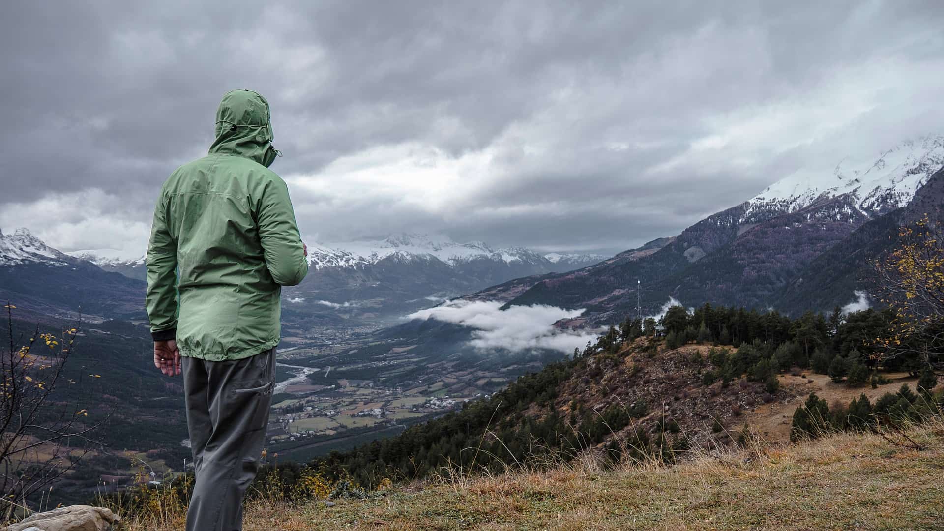 mountains hike coat cloudy