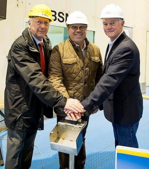 Frank Del Rio (Center), NCLH Executive VP of Vessel Operations Robin Lindsay (Right) and Meyer Werft Managing Partner Bernard Meyer (Left)