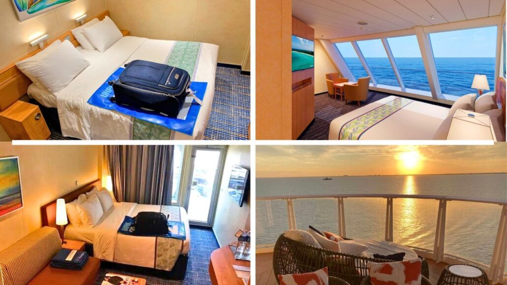 Four images of carnival cruise line cabins: a tidy bedroom with a suitcase on the bed, a room with ocean views through large windows, another bedroom with a balcony, and a balcony view at sunset.