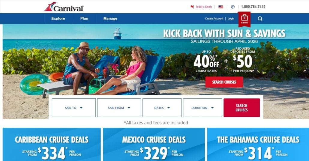 Carnival Cruise Line advertisement shows a couple relaxing on a beach with a ship in the background. The text promotes savings on cruise rates, detailing Caribbean, Mexico, and Bahamas deals.
