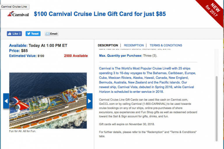 Carnival Cruise Gift Cards are 15 Percent Off