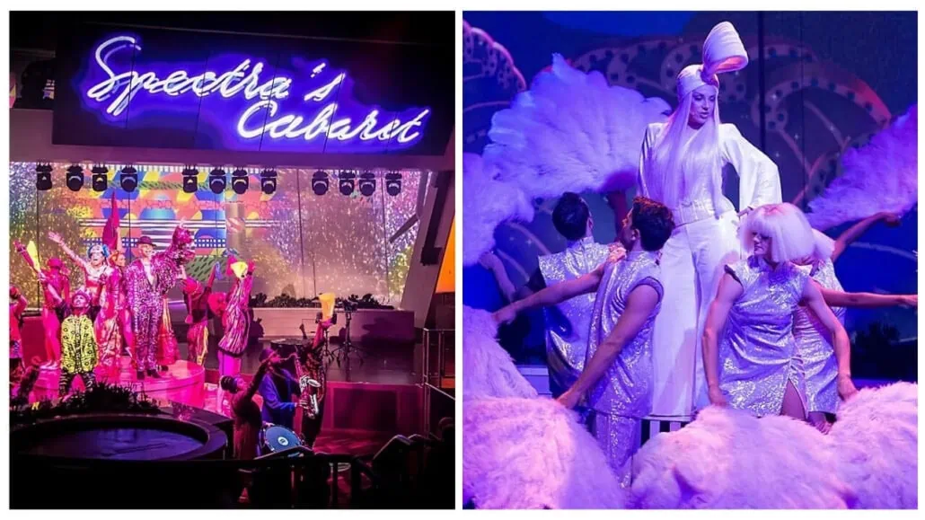 Performers in colorful costumes entertain audiences on Anthem of the Seas at "Spectra's Cabaret" show on the left; on the right, a performer in white stands elevated among dancers in silver costumes.