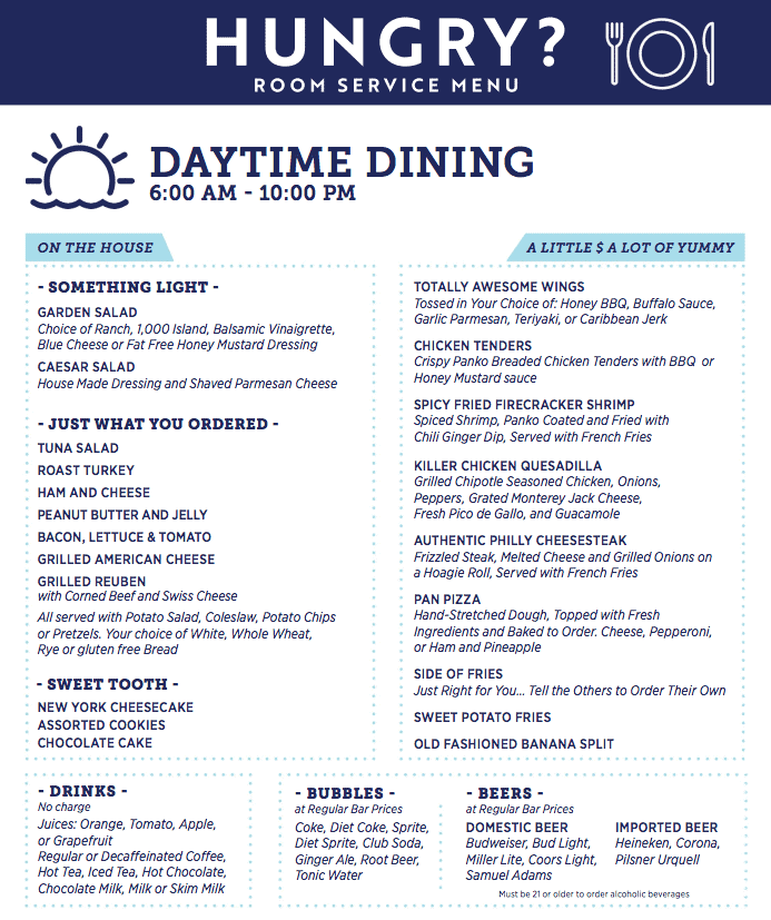 new carnival cruise room service menu