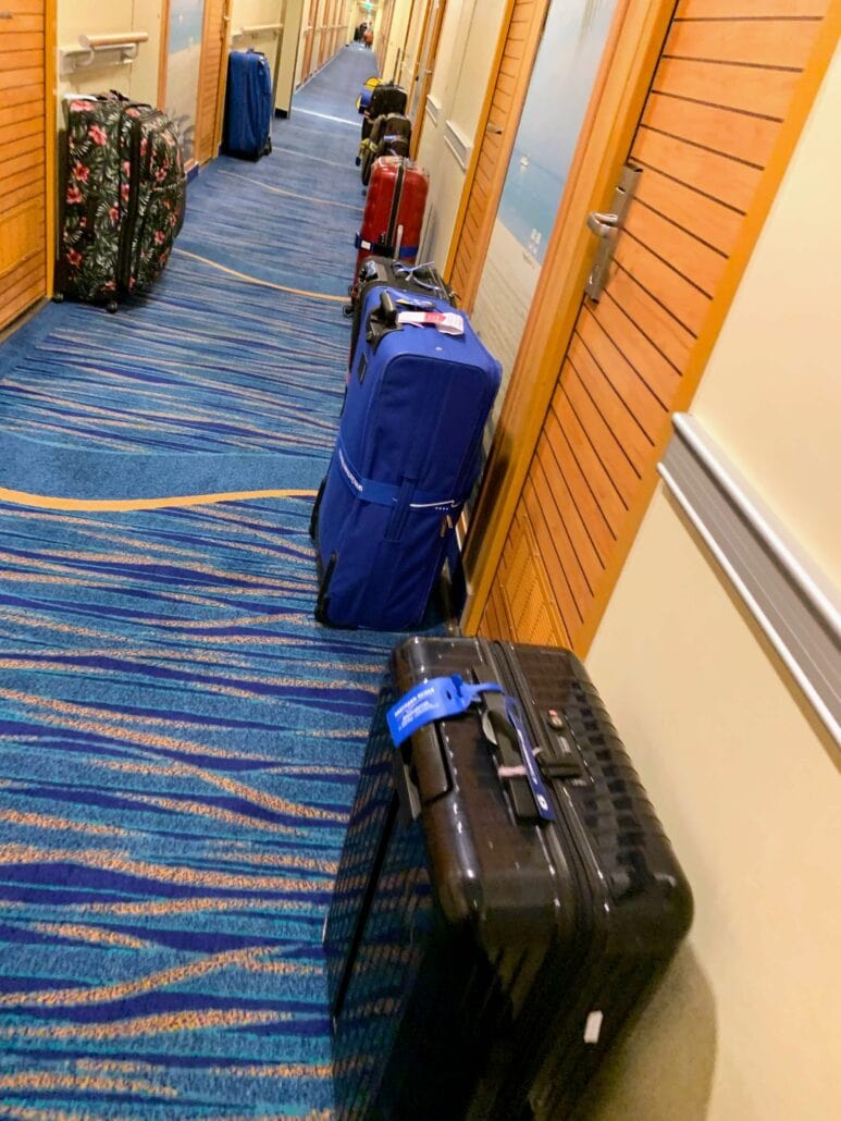 Several suitcases from the cruise ship are lined up in a long hallway with wooden doors and blue carpet, awaiting disembarkation.