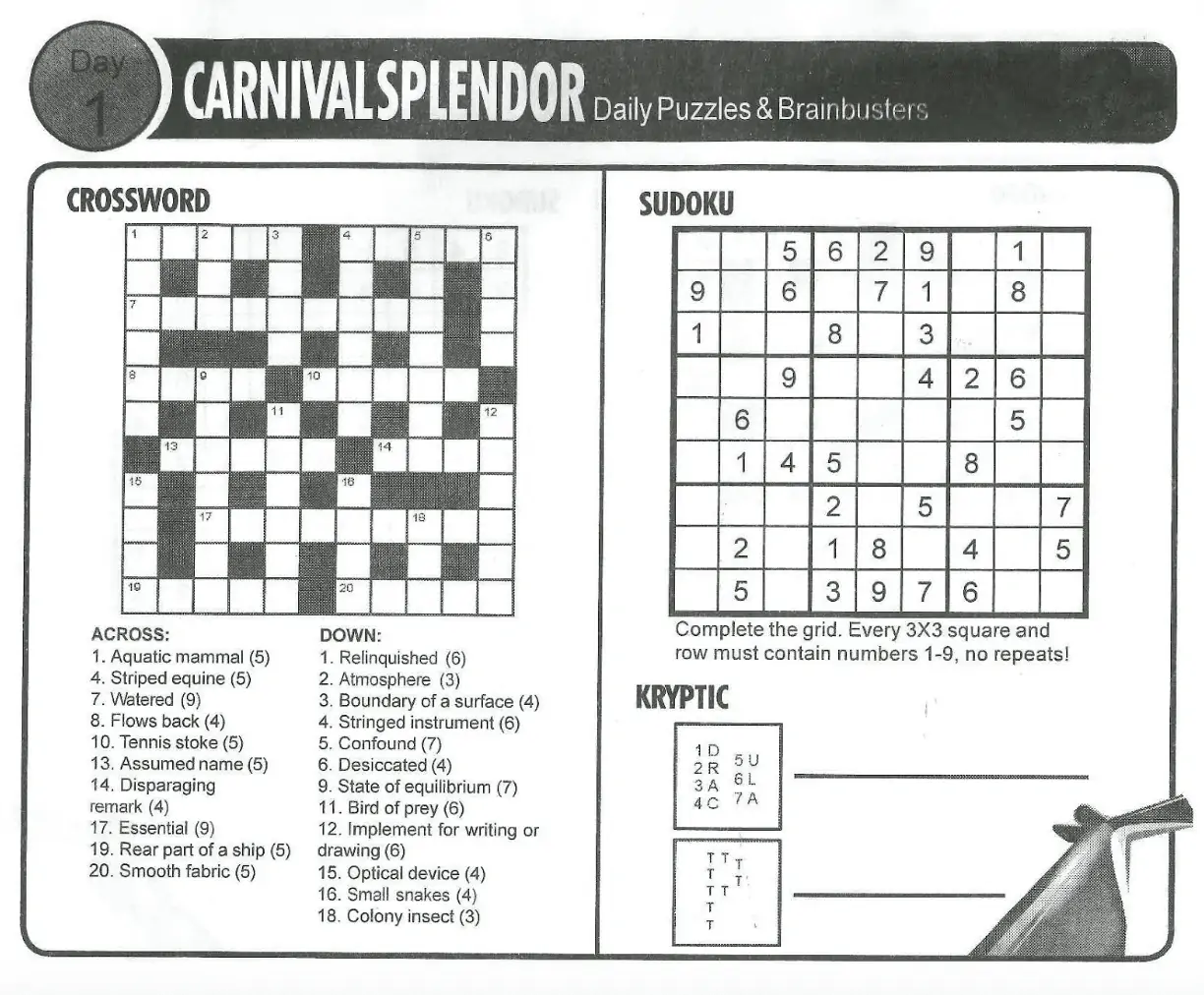 Carnival Splendor daily puzzles and brainbusters