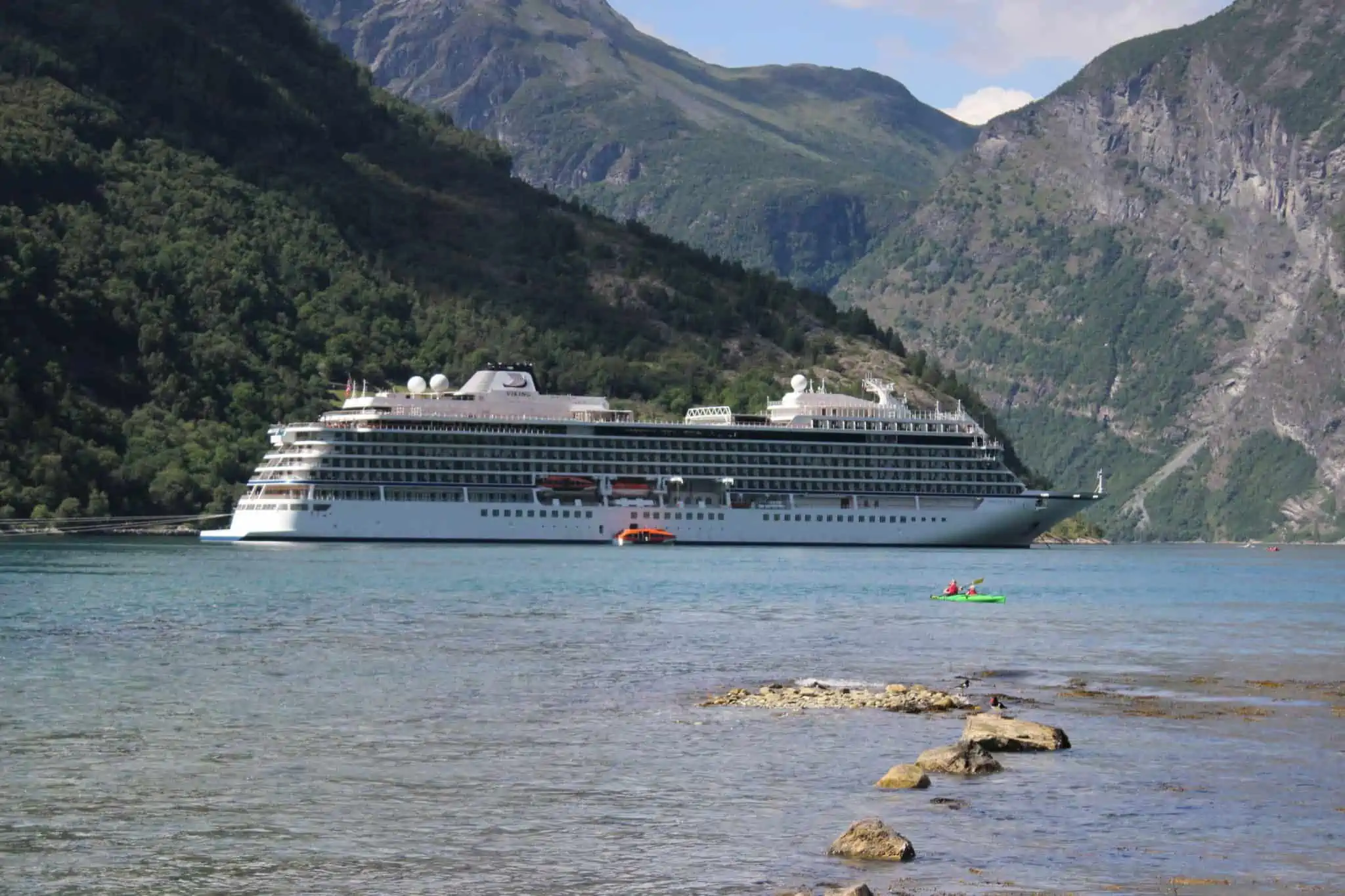 Viking Sky anchored in Geirangerfjord, Norway.