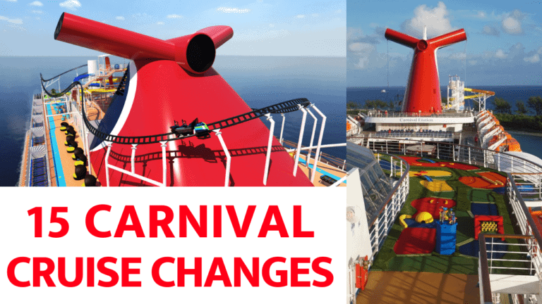 Composite image of three views from a Carnival Cruise Line ship: the distinctive red funnel, a deck with a roller coaster track, and a colorful mini-golf course. Text overlay reads "15 Carnival Cruise Changes" in bold red letters on a white background.