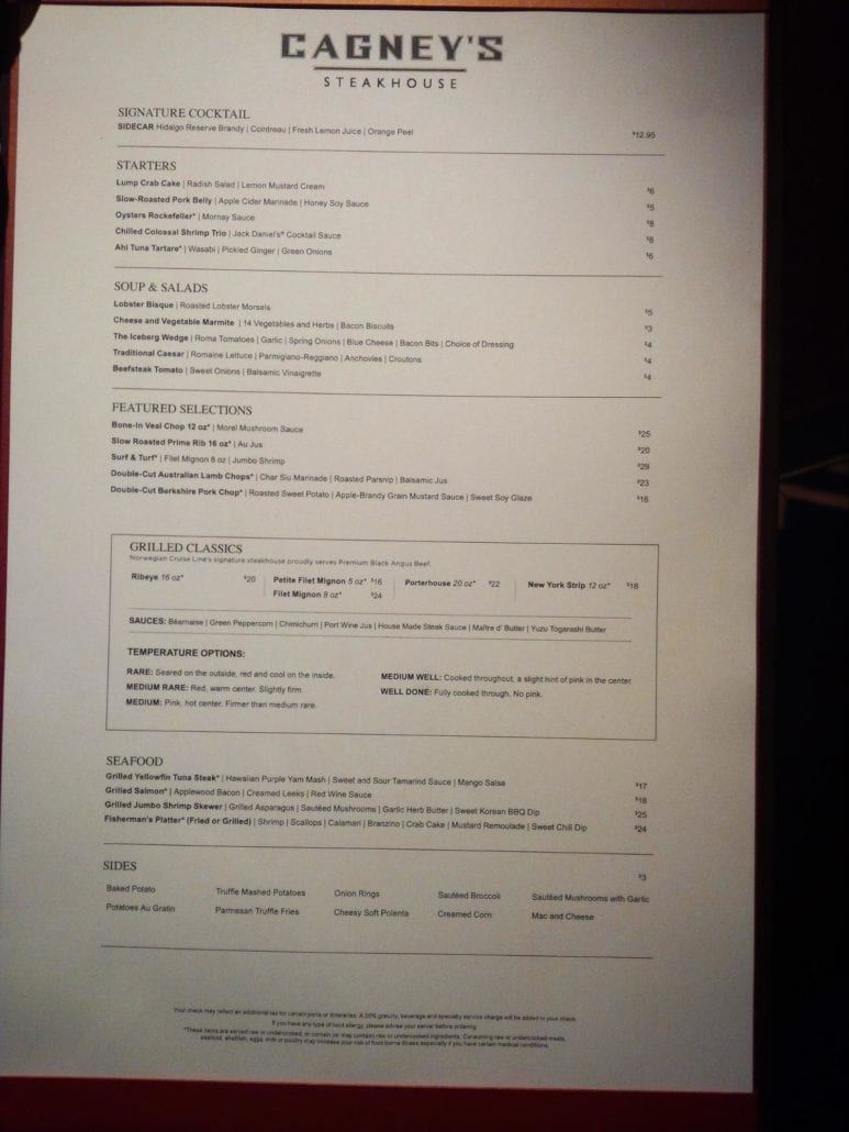 Cagney's Steakhouse Menu