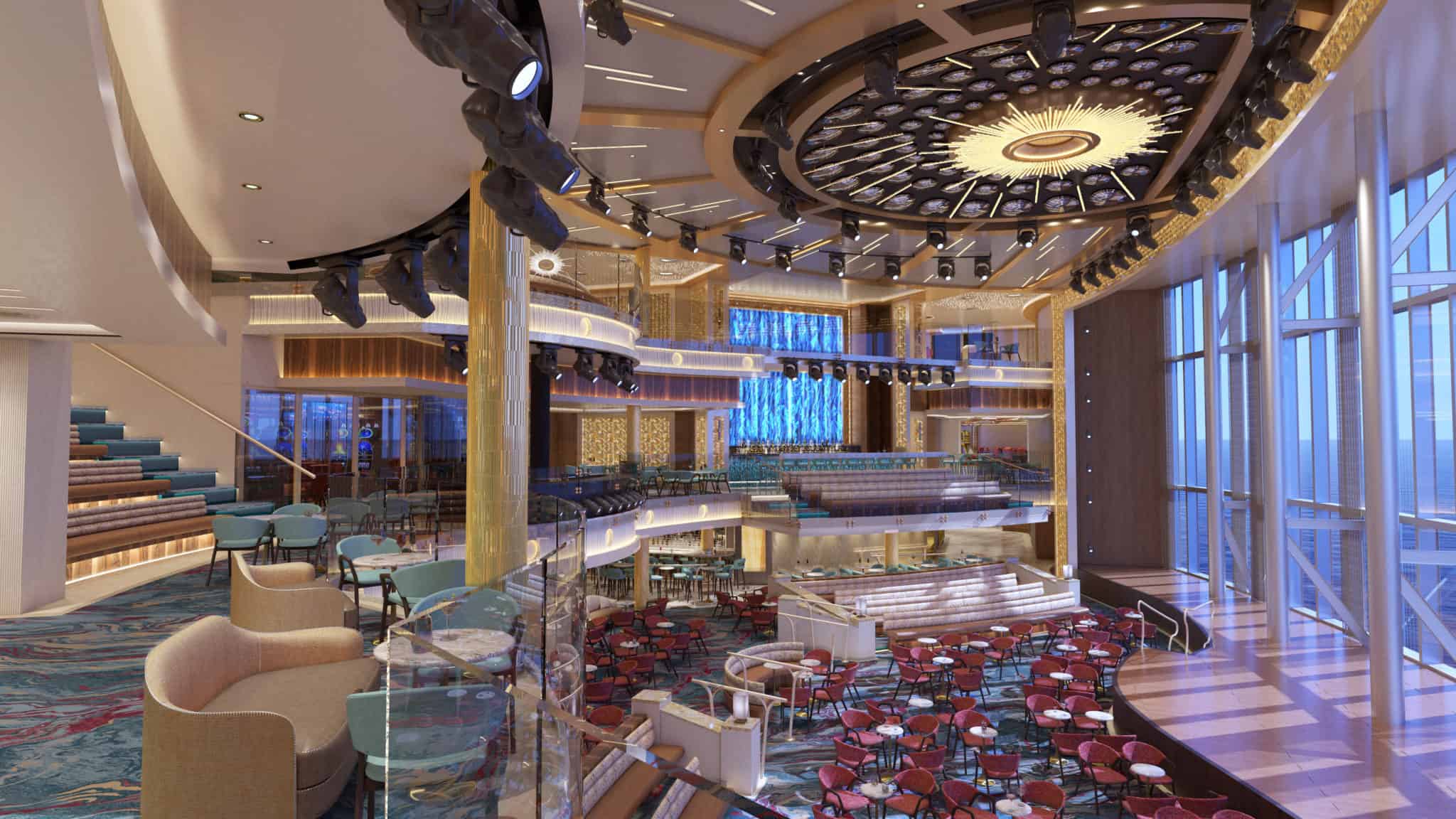 A spacious, modern theater with red seating and round, white tables is shown. The ceiling features a large, intricate design with radial lighting. Multiple balconies, staircases, and a large window reveal ocean views in the background, reminiscent of dining on a mega ship during a grand carnival.