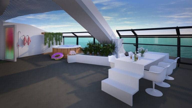 The modern rooftop area of the Unbelievable Suites on the Virgin Cruise Ship features an outdoor seating arrangement with white chairs and a table, a hot tub, potted plants, and a view of the ocean. A shower area is to the left, with towels hanging nearby and a large donut float on the floor – perfect for photos.