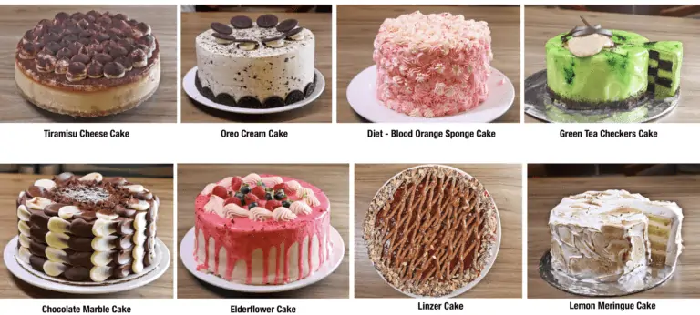 A selection of eight cakes is displayed from Carnival Cruise Line's new dessert menu. They are labeled, from left to right and top to bottom: Tiramisu Cheese Cake, Oreo Cream Cake, Diet - Blood Orange Sponge Cake, Green Tea Checkers Cake, Chocolate Marble Cake, Elderflower Cake, Linzer Cake, and Lemon Meringue Cake.
