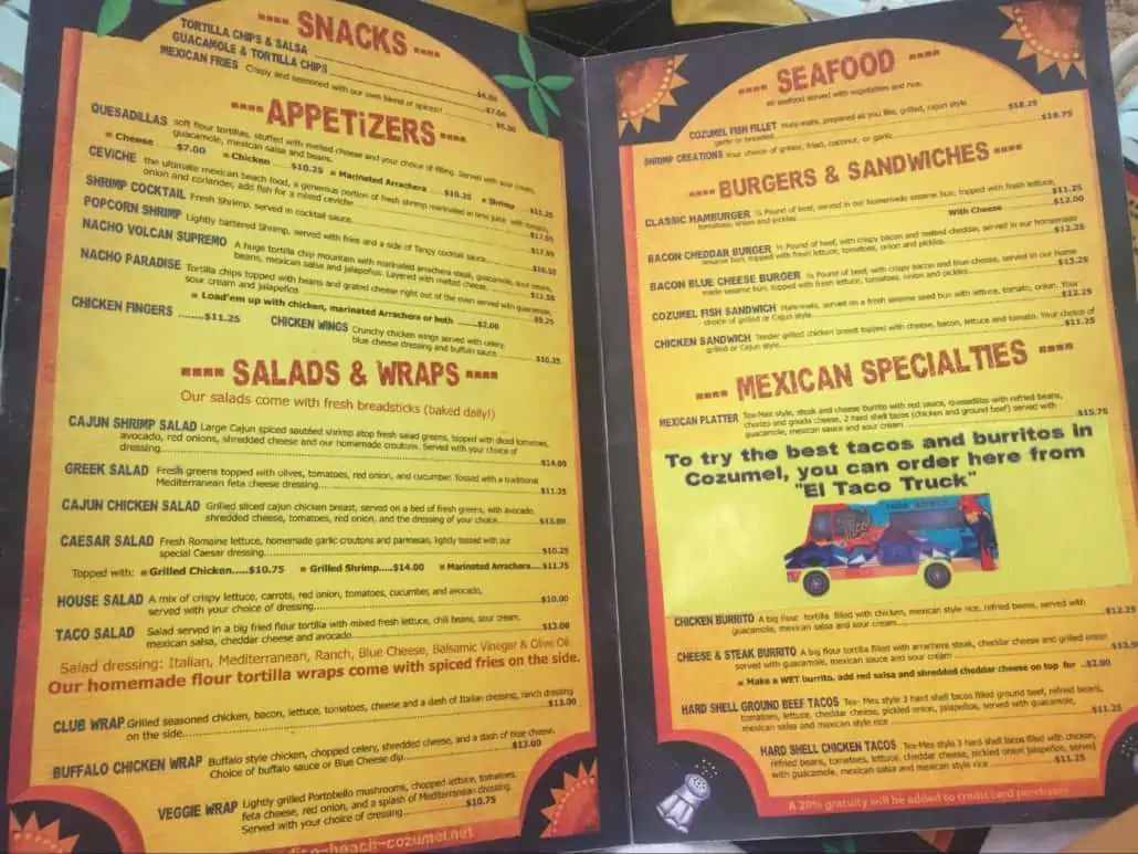 Paradise Beach menu cozumel