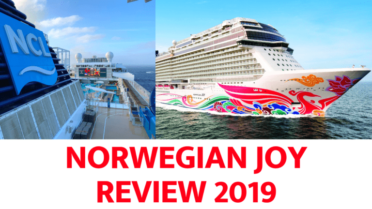 Split image showcasing two views of the Norwegian Joy cruise ship. The left side offers an aerial view of the deck, revealing swimming pools and seating areas, while the right captures the ship sailing at sea with its colorful hull designs. Text below reads "Norwegian Joy Review 2019".