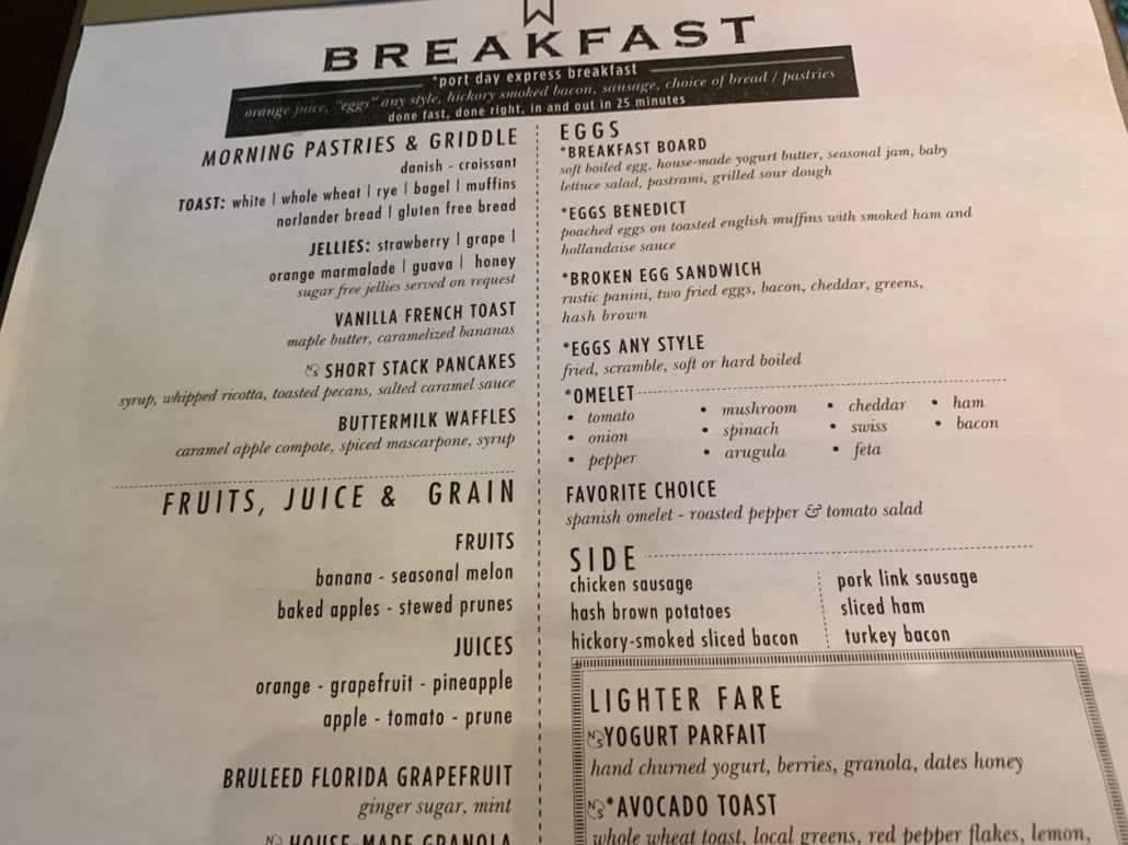 Carnival Sunrise menu