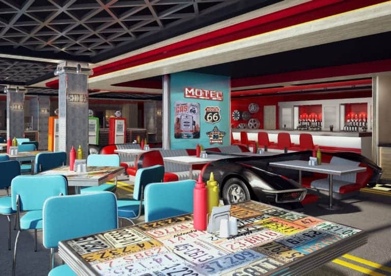 A retro-themed diner with vintage decor including license plate tabletops, neon signs, and automotive memorabilia. This restaurant features turquoise and red seating, a counter with red stools, and a black car integrated into the design, evoking a cruise ship ambiance that's hard to resist.