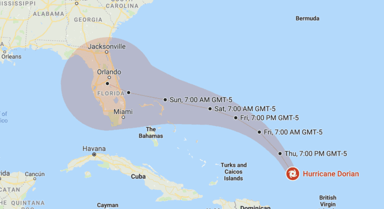 Map showing the projected path of Hurricane Dorian over the Atlantic Ocean. The hurricane is expected to pass near the Bahamas before approaching the east coast of Florida. The path includes timestamps from Thursday to Sunday, indicating its progress.