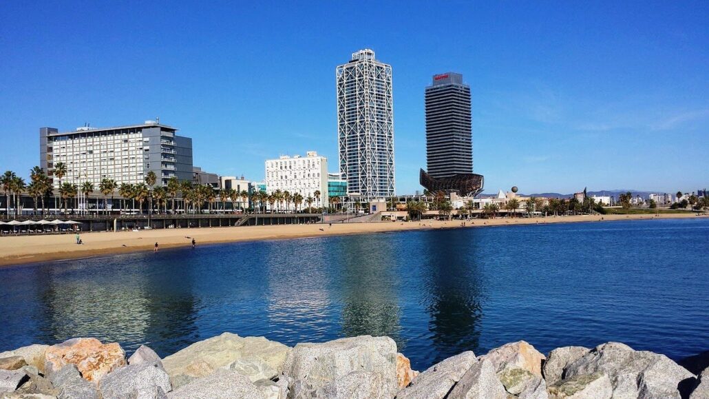 View of a sandy beach with calm waters in the foreground, lined with palm trees and a row of modern buildings in the background under a clear blue sky—a perfect spot for cruisers exploring Barcelona and seeking relaxing things to do.