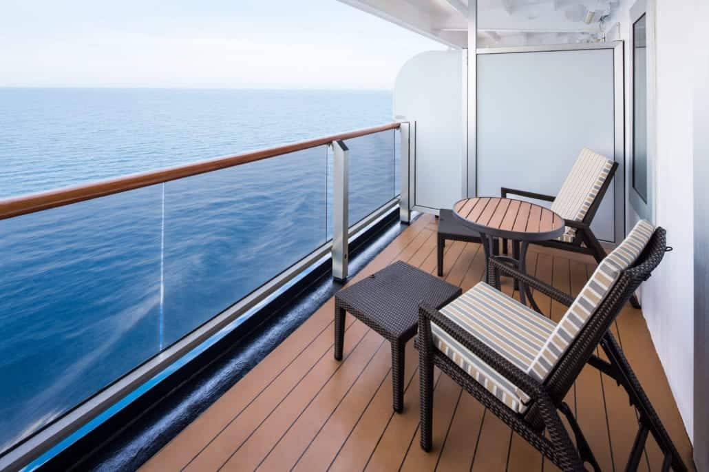 A balcony cabin with a view of the sea