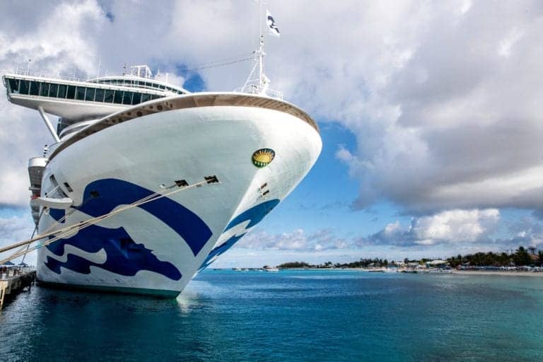 A large white, Florida-based cruise ship docked at a pier on a sunny day with blue water and a cloudy sky. The bow of the ship prominently features a blue wave design. A coastline with trees and buildings is visible in the background, highlighting the hiatus due to the No-Sail Order.