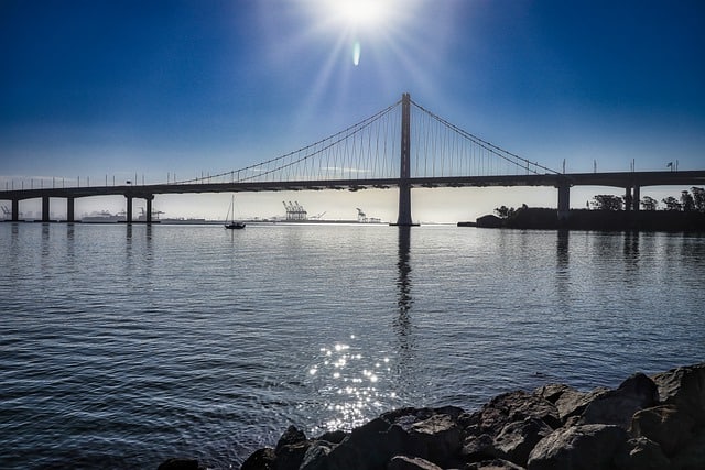 rocky beach and bridge