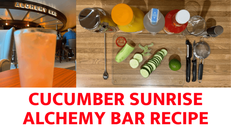 An image showing a cucumber cocktail on the left and the recipe ingredients arranged on a cutting board on the right. The text reads: "CUCUMBER SUNRISE ALCHEMY BAR RECIPE." Inspired by the Carnival Cruise Line, ingredients include cucumber slices, lime, and various bottles.