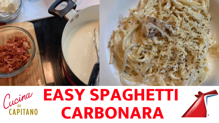 A split image showing the process of making spaghetti carbonara. The left side includes a saucepan with sauce and a plate of cooked bacon pieces. The right side shows a bowl of delicious spaghetti carbonara. Text reads "EASY SPAGHETTI CARBONARA RECIPE" with logos above and below, as if preparing for a cooking carnival.