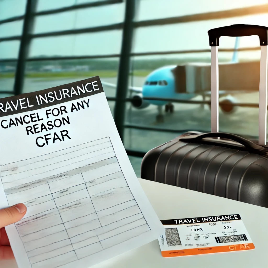 A close-up of a hand holding a Cancel For Any Reason travel insurance document, with a suitcase and a boarding pass on a table in the foreground and an airplane visible through an airport window in the background.