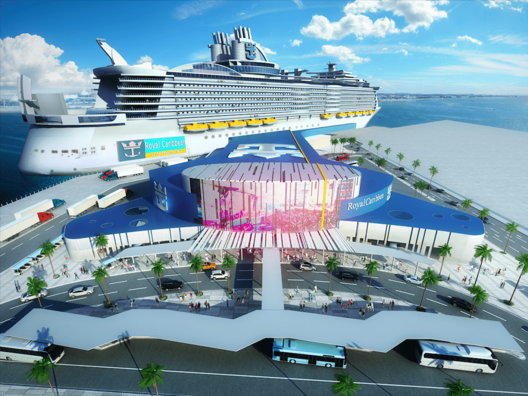 A large cruise ship is docked at a modern port terminal with palm trees and buses in the foreground. The terminal building features a colorful, digital display and the "Royal Caribbean" logo is visible on both the ship and the terminal. Despite minor delays, passengers eagerly await boarding under a clear blue sky.