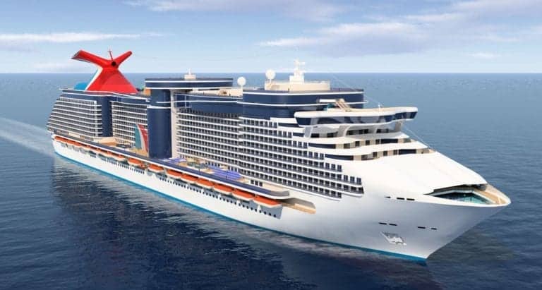 A large white Holland America cruise ship with multiple decks sails in a calm ocean under a partly cloudy sky. The ship has colorful accents, including a distinctive red and blue funnel. Various amenities are visible on the upper decks.