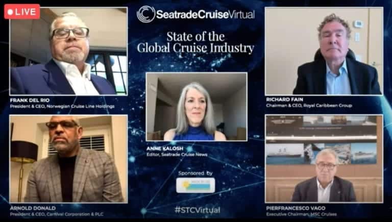 A virtual panel discussion on the state of the global cruise industry, featuring five participants: Frank Del Rio, Arnold Donald, Anne Kalosh, Richard Fain, and Pierfrancesco Vago. They appear in separate boxes on screen with the Seatrade Cruise logo above, discussing the 2020 restart efforts.