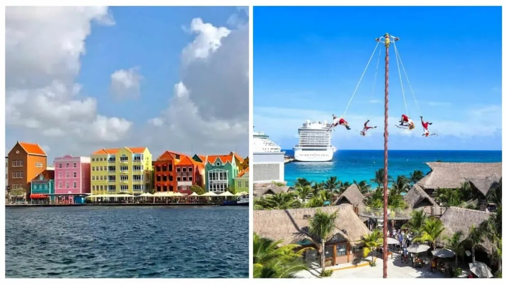 Two images side by side. Left: Colorful buildings line a waterfront under a partly cloudy sky. Right: Aerial performers in traditional attire swing from a tall pole by the ocean with cruise ships in the background, highlighting the vibrant culture of an Eastern Caribbean cruise experience.