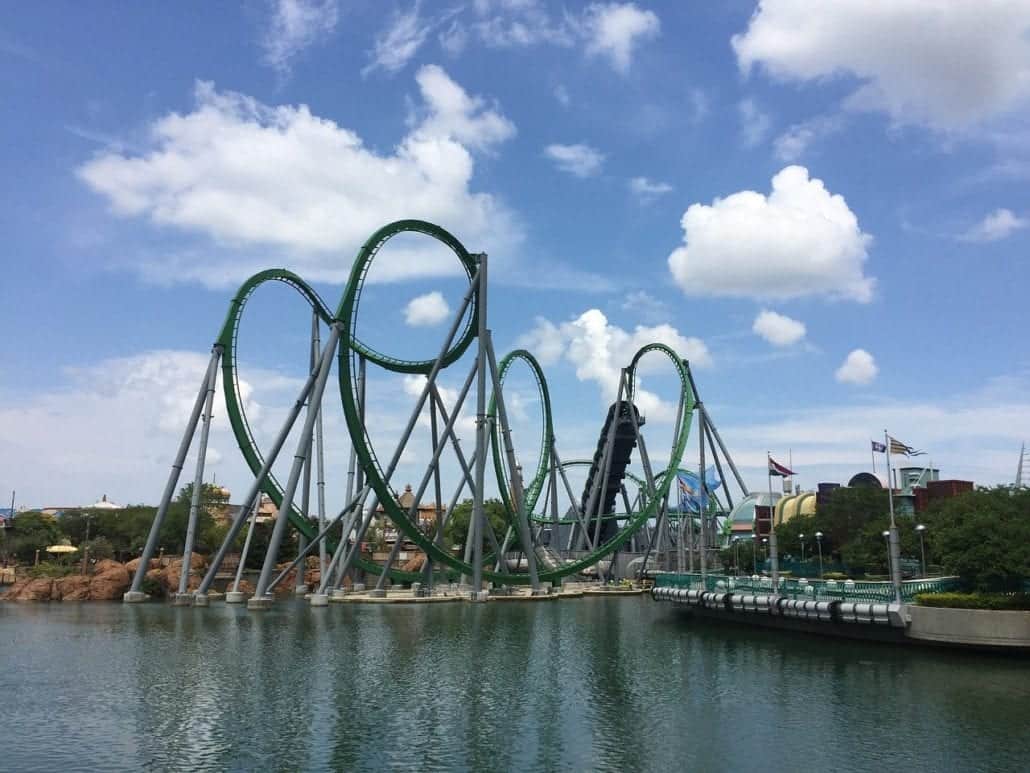 A steel roller coaster with green tracks and multiple loops is seen against a bright blue sky with scattered clouds. The coaster is built over a body of water near one of the family theme parks, and there are theme park buildings and trees in the background.