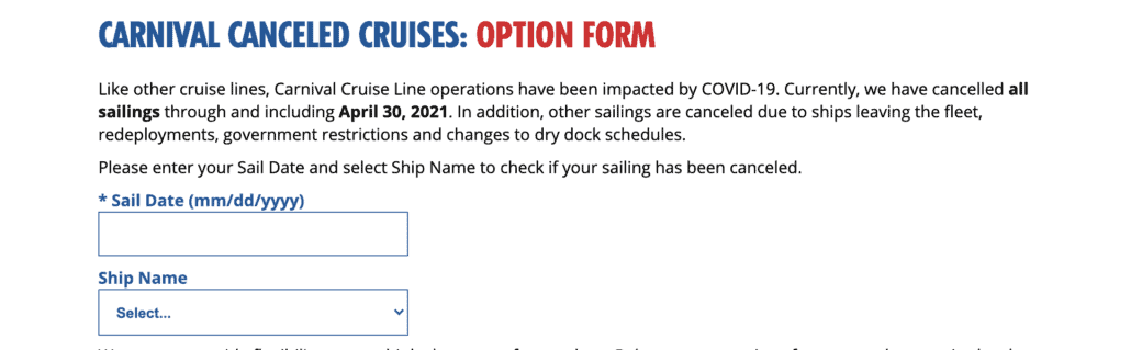 Carnival cancellation info form