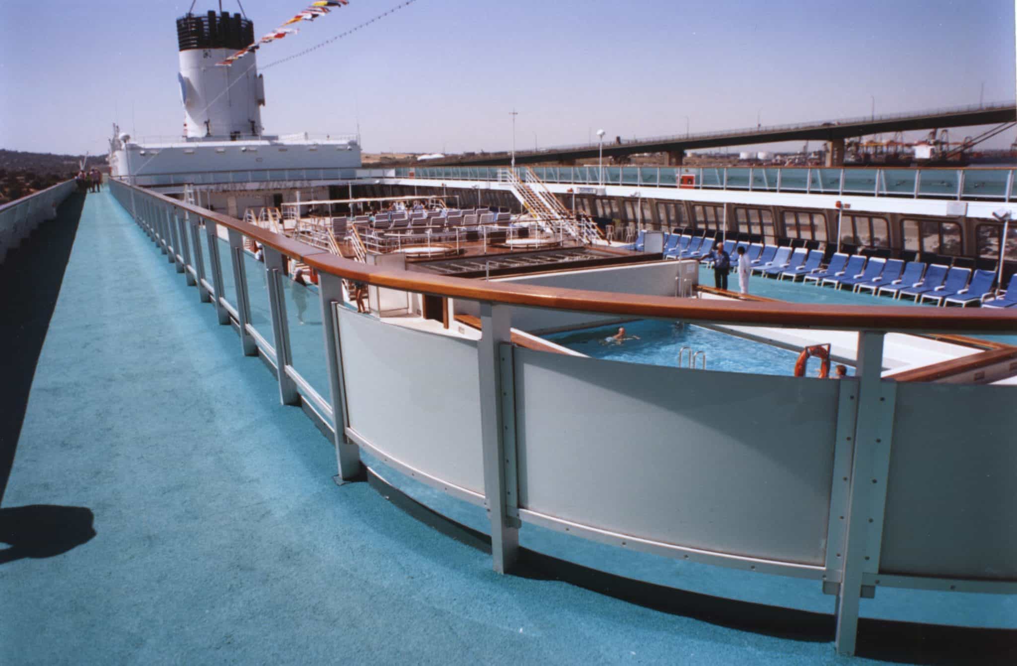 Starboard sun deck promenade, facing aft.