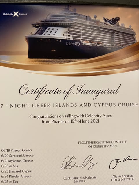 celebrity apex inaugural cruise certificate