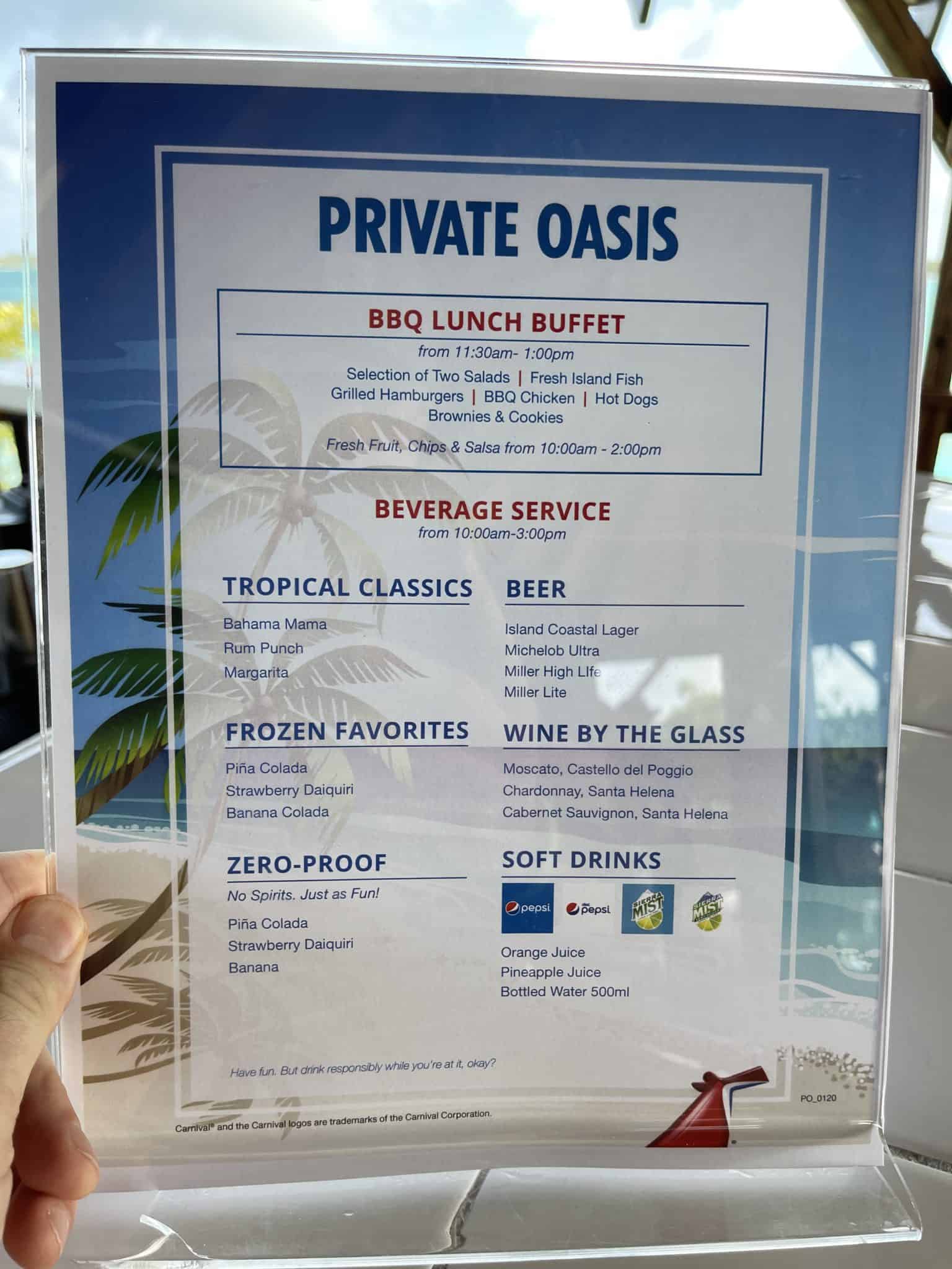 the private oasis menu