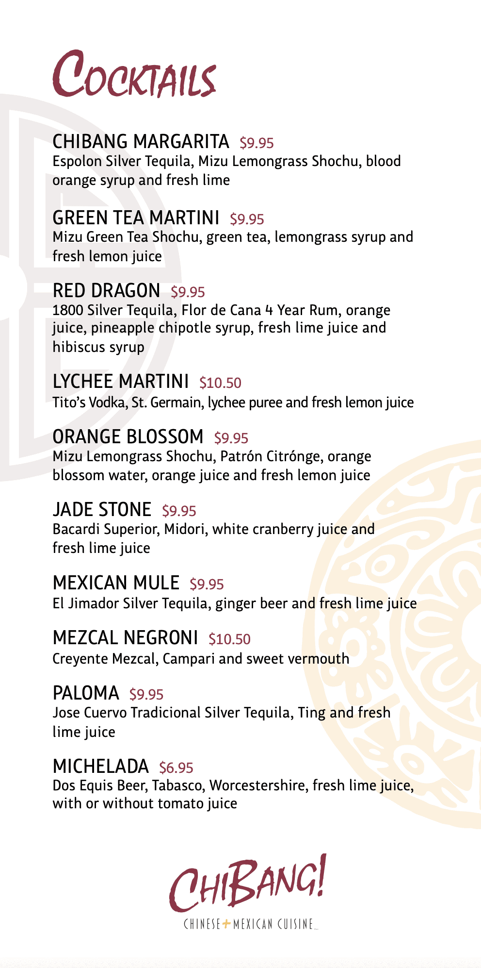 chibang cocktail menu